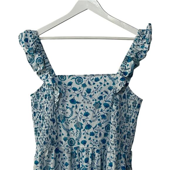 Draper James Womens Size Large Floral Smocked Ruffle Strap Midi Dress Blue White - Picture 5 of 12